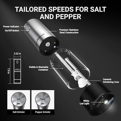 ThermoMaven Upgraded Larger Capacity Electric Salt and Pepper Grinder Set, 110ml Rechargeable Salt and Pepper Shaker with LED Light, 6 Adjustable Coarseness, Stainless Steel, Black & Silver