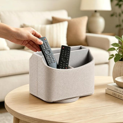PUSU Leather 360°Rotatable Remote Control Holder,Nightstand TV Remote Caddy,Office Supplies Desktop Organizer,Spinning Storage Box for Pen,Mail,Phone,DVD, Blu-Ray, Media Player, Heater Controllers