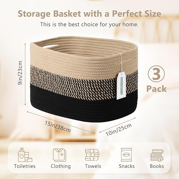 Cotton Rope Storage Basket, 15x10x9 Inches, Woven Basket for Shelves, Clothes, Towels, Books, and Laundry, Gradient Black/Brown (3 Pack)