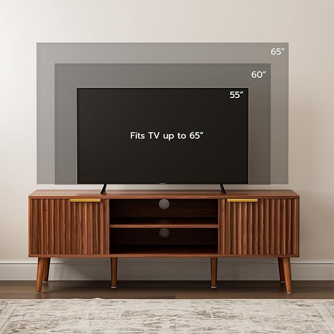 LCRBOL TV Stand for Living Room, Mid Century Modern Entertainment Center for 55/60 inch TVs, TV Console with Fluted Door Cabinets and Open Shelves, for Bedroom, Walnut
