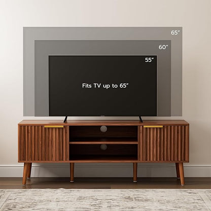 LCRBOL TV Stand for Living Room, Mid Century Modern Entertainment Center for 55/60 inch TVs, TV Console with Fluted Door Cabinets and Open Shelves, for Bedroom, Walnut