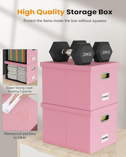 2 Pack Pink Leather File Storage Organizer with Lid - Portable Filing Box for Letter/Legal File Folder Storage