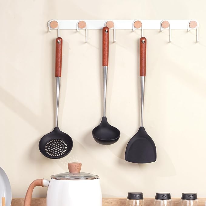 FJNATINH Silicone Spatula - Ladle - Skimmer Wok Tool Set,Stainless Steel Non Stick Heat-Resistant Cooking Utensils BPA Free Kitchen Utensils Cookware with Wooden Handle, Pack of 3