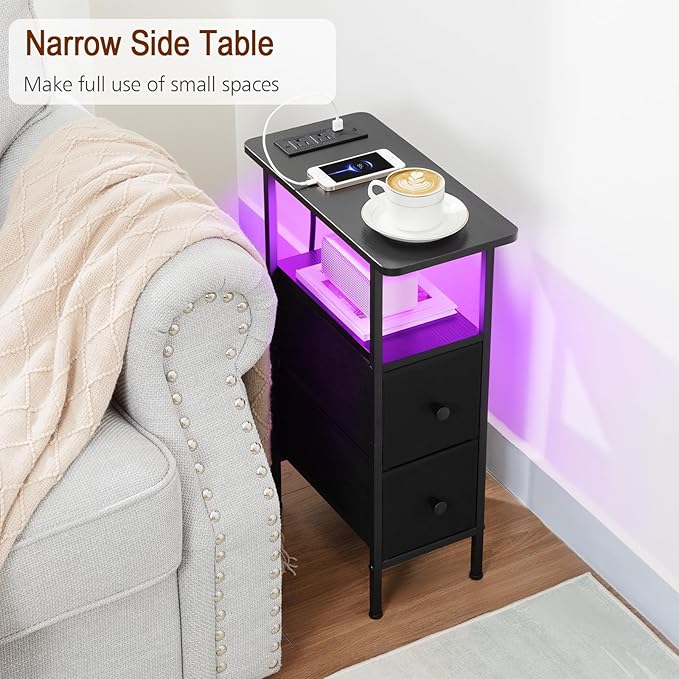 Narrow End Table Living Room with Charging Station, Skinny Side Table with Fabric Drawers, Slim LED Nightstand for Bedroom, Small Spaces, Couch, Black, HETNDP02LBK-1