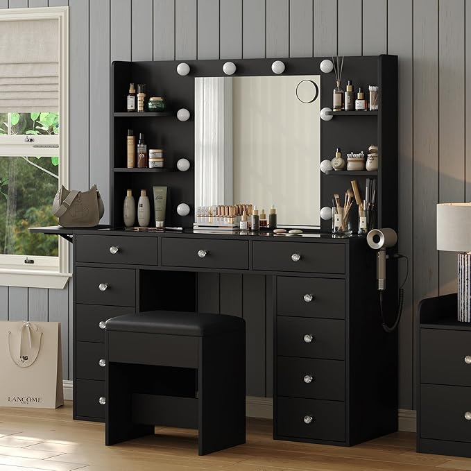 Vanity Desk with Power Outlet, Makeup Table with Mirror and 12 LED Lights, 3 Color Lighting Modes, 11 Drawers Makeup Vanity with 4 Shelves, Fold-up Panel, Vanity Set for Bedroom, Black