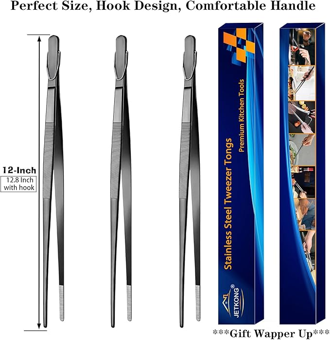 JETKONG 12-Inch Cooking Tweezers Tongs Precision Serrated Tips Stainless Steel Chef Tweezer, Set of 3 (12 12 12 Inch, Black)