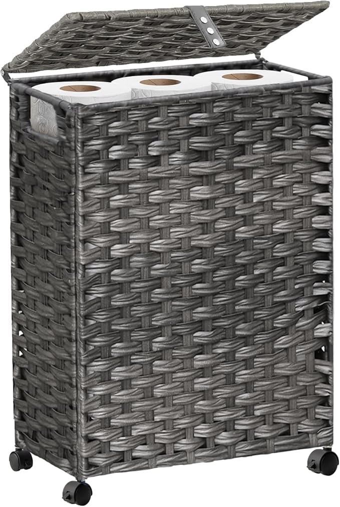 Toilet Paper Storage Basket with Lid and Wheels, Rattan Toilet Paper Holder Storage, Toilet Paper Organizer for Bathroom, Bedroom, Kitchen, 12.6”L x 7.1”W x 17.14”H, Grey