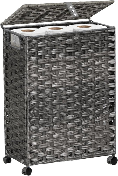 Toilet Paper Storage Basket with Lid and Wheels, Rattan Toilet Paper Holder Storage, Toilet Paper Organizer for Bathroom, Bedroom, Kitchen, 12.6”L x 7.1”W x 17.14”H, Grey