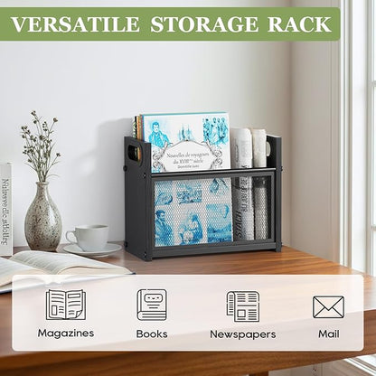 Black Magazine Holder, Wood Magazine Rack Floor, Mesh Magazine File Holder, Magazine Storage Basket, Magazine Holders for Classroom, Magazine Stand for Desk, Folder Organizer Bin for Books