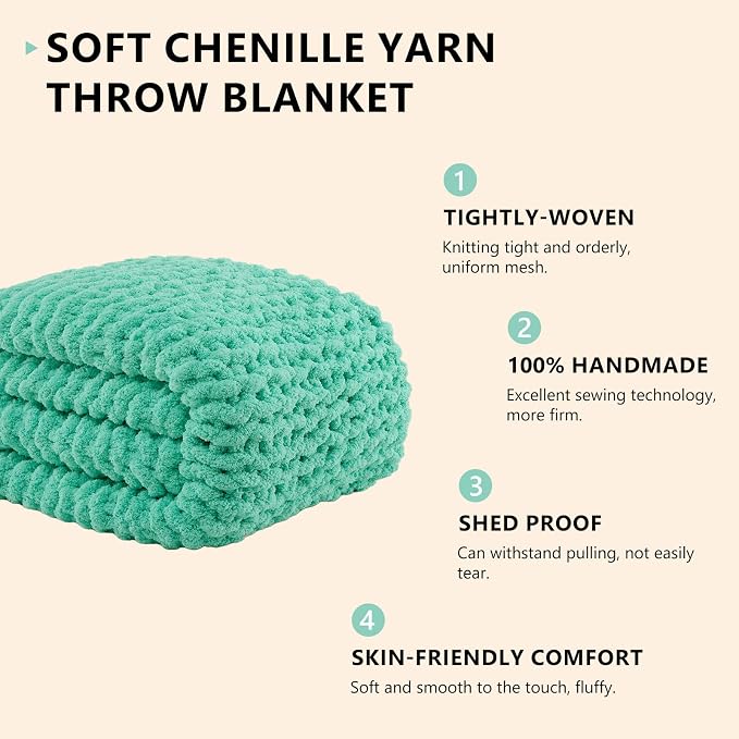 L'AGRATY Chunky Knit Blanket Throw: 50''x60'' Chenille Chunky Knitted Throw Blankets for Bed Couch - Handmade Thick Big Cable Knit Blanket - Large Crochet Rope Blankets for Home Decor(Aqua)