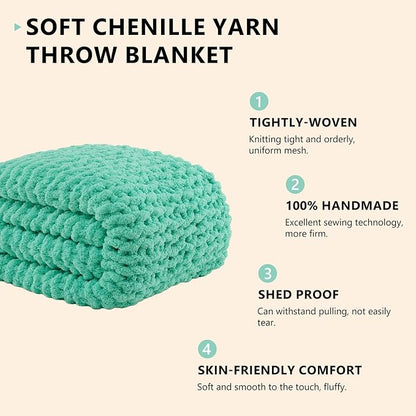 L'AGRATY Chunky Knit Blanket Throw: 50''x60'' Chenille Chunky Knitted Throw Blankets for Bed Couch - Handmade Thick Big Cable Knit Blanket - Large Crochet Rope Blankets for Home Decor(Aqua)