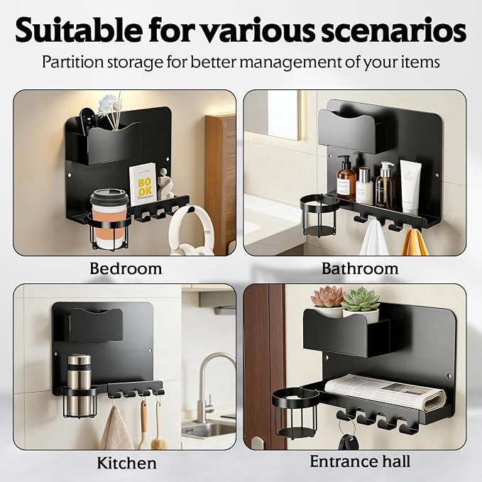Floating Bedside Wall Shelf Organizer with Remote Control Holder;Metal Adhesive Wall Mount Nightstand Shelf for Bedroom;Dorm Room Essentials;Bed Shelf for Phone,Earphone,Kindle (Black)