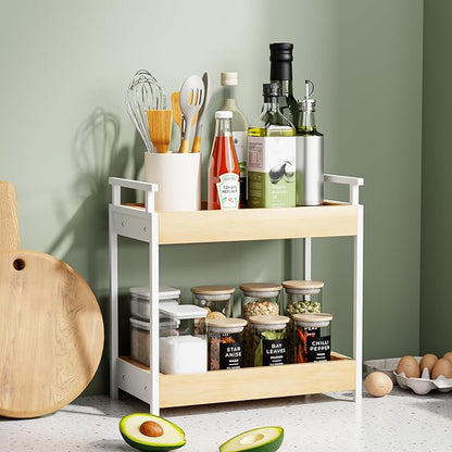 KLM Countertop Coffee Station Organizer, 2 Tier Wooden Shelf for Coffee Bar Accessories, Condiment Storage Caddy for Kitchen, Bathroom Counter Organizer, Home, Office - Natural