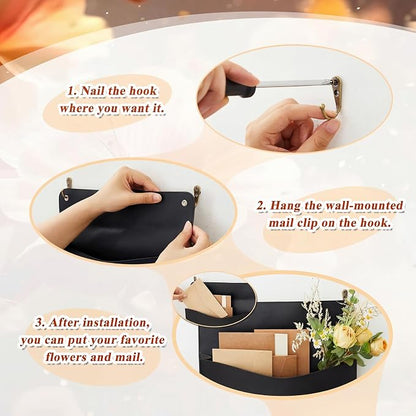Marspark 2 Set PU Leather Mail Holder Wall Mount 12.2x10.24 Inch Leather Letter Holder 2 Ring Binder Hanging Wall File Organizer Mail Sorter for Decor Storage Letter Postcard Flower Home Office(Black)