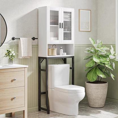 USHOWER Over The Toilet Storage Cabinet, Bathroom Organizer with Tempered Glass Doors, Thicken Metal Stand & MDF Wood, Freestanding Space Saver, White