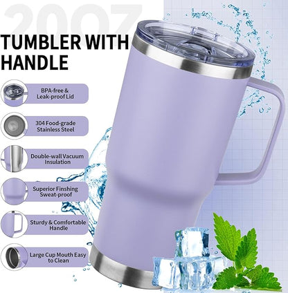 20oz Insulated Tumbler with Handle Stainless Steel Travel Coffee Mug with Lid and Straw Double Wall Vacuum Leak-proof Reusable Thermal Water Cup for Hot and Cold Drinks (Multicolor-7,6 Pack)