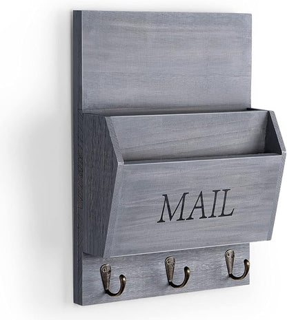 DLQuarts Mail Organizer with Key Holder for Wall Decorative Mail Sorter Wall Mounted, Wooden Mail Holder with 3 Hooks, Gray