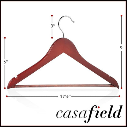 Casafield - 10 Cherry Wooden Suit Hangers - Premium Lotus Wood with Notches & Chrome Swivel Hook for Dress Clothes, Coats, Jackets, Pants, Shirts, Skirts