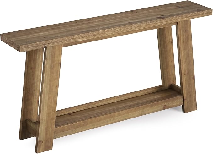 63-Inch Solid Wood Console Table, Farmhouse Entryway Table with 2-Tier Shelf, Narrow Sofa Table Behind Couch for Living Room, Hallway, Foyer