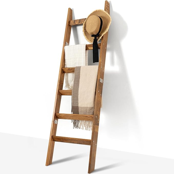 TEAKMAMA 6-Tier Blanket Ladder for Living Room and Bedroom,5.4 Ft Wall Leaning Quilt Rack with Hooks,Rustic Decorative Farmhouse Blanket Storage,Stylish Ladder Holder,Christmas Decorations,Honey Brown
