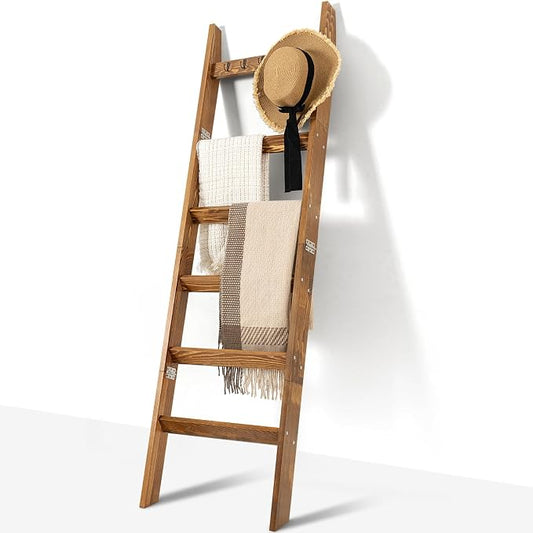 TEAKMAMA 6-Tier Blanket Ladder for Living Room and Bedroom,5.4 Ft Wall Leaning Quilt Rack with Hooks,Rustic Decorative Farmhouse Blanket Storage,Stylish Ladder Holder,Christmas Decorations,Honey Brown