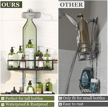 Shower Caddy Hanging: Adjustable Height Organizer for Over Showerhead - Black Rustproof Shower Shelves with Hooks & 2 Soap Holders