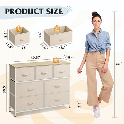 WLIVE 7 Drawer Dresser TV Stand, Entertainment Center, Media Console Table with Metal Frame and Wood Top for TV up to 45 inch, Chest of Drawers for Bedroom, Living Room, Cream White