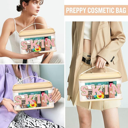 Chenille Letter Clear Makeup Bags Skin Pouch, Preppy Patch Makeup Bag Zipper with Handle, Transparent PVC & Nylon Waterproof Glitter Cosmetic Handbag Travel Toiletry Storage for Women Girl(SKIN-Beige)