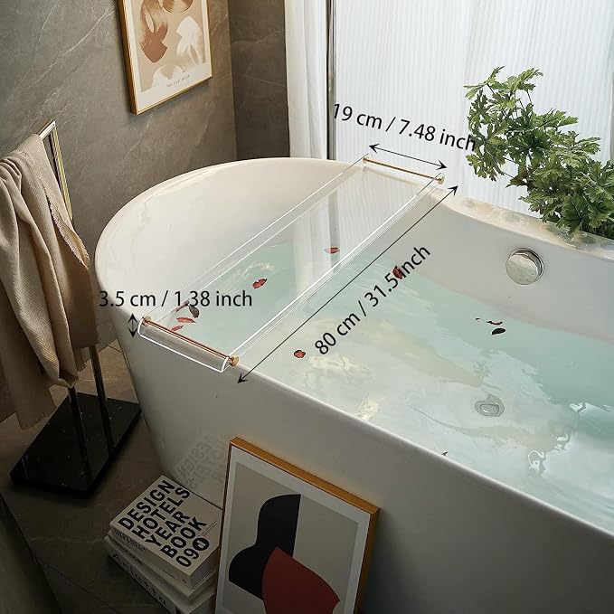 Bathtub Tray Clear Caddy Rack: Acrylic Tub Tray Shelf with Gold Rails to Hold Book Phone Candle Wine - Waterproof Bathtub Accessories, Luxury Gifts for Women