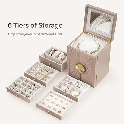 Jewelry Box for Women, 6-Tier Jewelry Organizer Box with Mirror, 5 Drawers Jewelry Storage Case for Ring Necklace Earring Bracelet, Light Taupe
