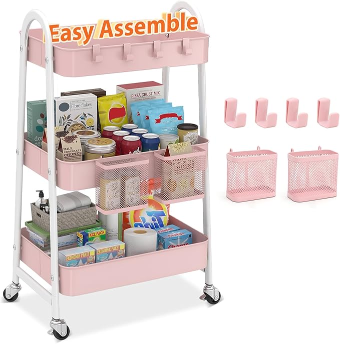 Sekey 3 Tier Rolling Cart, Hanging Cups, Hooks, Heavy Duty Mesh Rolling Storage Cart Organizer with 2 Lockable Wheels for Bathroom, Kitchen, Office, Craft, Makeup, Baby Essentials, Pink