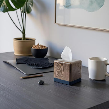 Hymmah Wooden Texture Square Tissue Box Cover Cube Tissue Holder Unique Design Klenex Box Dispenser for Bathroom Vanity Counter Tops Also Great for Bedrooms and Living Rooms