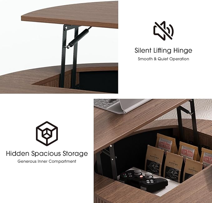 SULIVES Round Coffee Table with Lifting Top, Multifunctional Drum Coffee Table with Sliding Door, Small Fluted Center Table for Living Room, Walnut