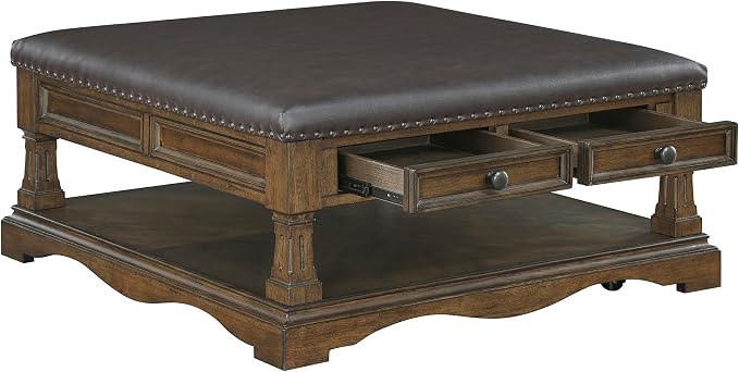 Lexicon 39 Inch Wood Coffee Table with 4 Drawers, Lower Open Shelf, Casters, Square Ottoman Coffee Table, Faux Leather Cocktail Ottoman, Nailhead Trim, Footrest for Living Room, Easy Assembly, Brown