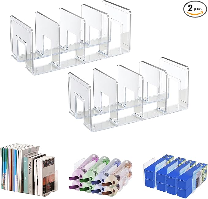 Marte Vanci Clear Acrylic File Sorter, Sturdy Desk File Organizer Shelf Book Holder Purse Handbag Clutch Divider File Folder Rack for Letter Cookbooks Home Office Kitchen Supplies 4 Sections (2 Pcs)