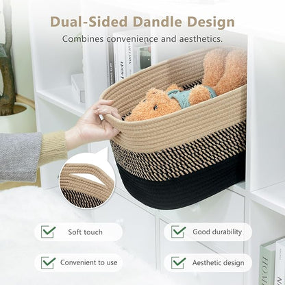 Cotton Rope Storage Basket, 15x10x9 Inches, Woven Basket for Shelves, Clothes, Towels, Books, and Laundry, Gradient Black/Brown (3 Pack)