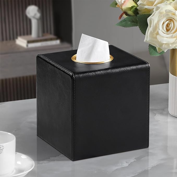 MEIBOOCH Square Tissue Box Cover, Luxury PU Leather Tissue Holder with Magnetic Closure (Black)