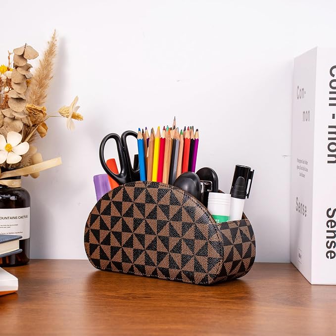Remote Control Holders Organizer Box with 5 Compartment PU Leather Multi-functional Office Desk Storage Caddy Store Tv Remote for Media Player,Brush,Pencil,Glassees&Office Supplies (Triangle print)