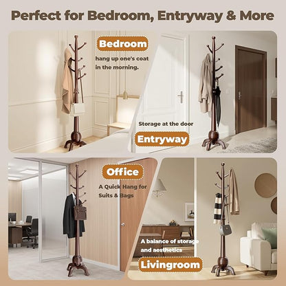 Wood Coat Rack Freestanding, Solid Wooden Hall Tree with 8 Hooks, Coat Tree Freestanding Heavy Duty with Stable Base, Entryway Hallway Bedroom Office Use, 240lbs Load Capacity H:71.6in (Black)