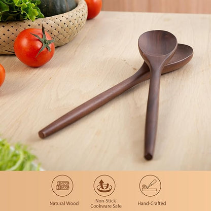 2PSC Wooden Cooking Spoons, 14 Inch Wooden Spoon for Cooking Mixing Salad or Soup Stirring, Black Walnut Nonstick Cookware Wood Cooking Spoons for Serving with Long Handle Smooth Finish