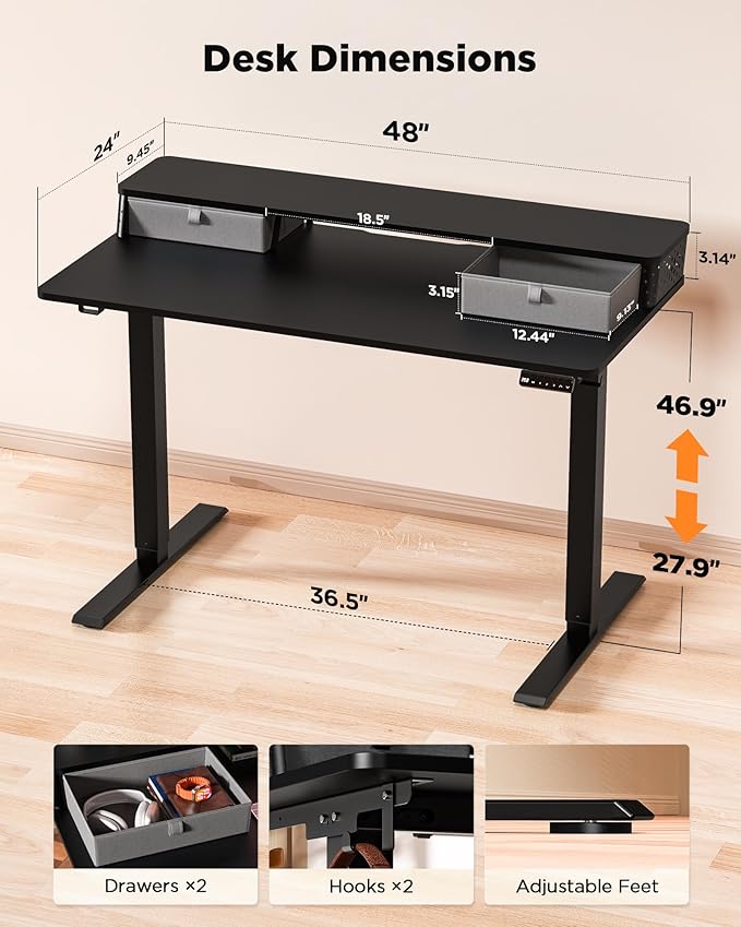 FiCiHi Standing Desk with Drawers, C-Clamp Mount Compatible, 48x24 Inch Electric Adjustable Height Computer Stand Up Desks, Home Office Sit Stand Table with 3 Preset Heights & 2 Hooks, Black