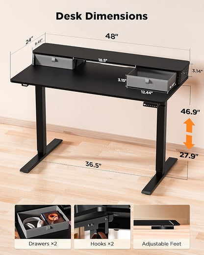 FiCiHi Standing Desk with Drawers, C-Clamp Mount Compatible, 48x24 Inch Electric Adjustable Height Computer Stand Up Desks, Home Office Sit Stand Table with 3 Preset Heights & 2 Hooks, Black