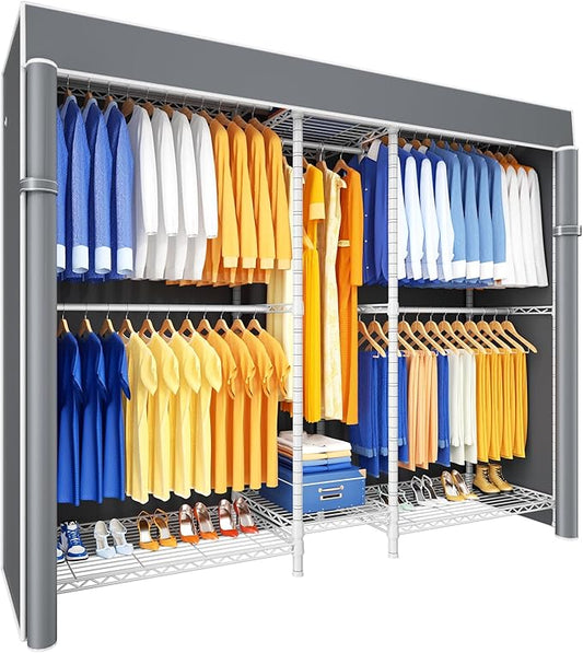 Ulif E12C Pro Heavy Duty Closet Organizer System，Freestanding Clothing Racks for Hanging Clothes，Adjustable Garment Rack 71"W x 16"D x 76.5"H Hold 960lbs，White Clothing Rack with Grey Dustproof Cover
