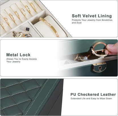 GUOER Jewelry Box for Women Girl Wife 3 Layers Large PU Leather Jewelry Organizer Storage Case with Two drawers Display for Earrings Bracelets Rings Watches (Hunter Green)