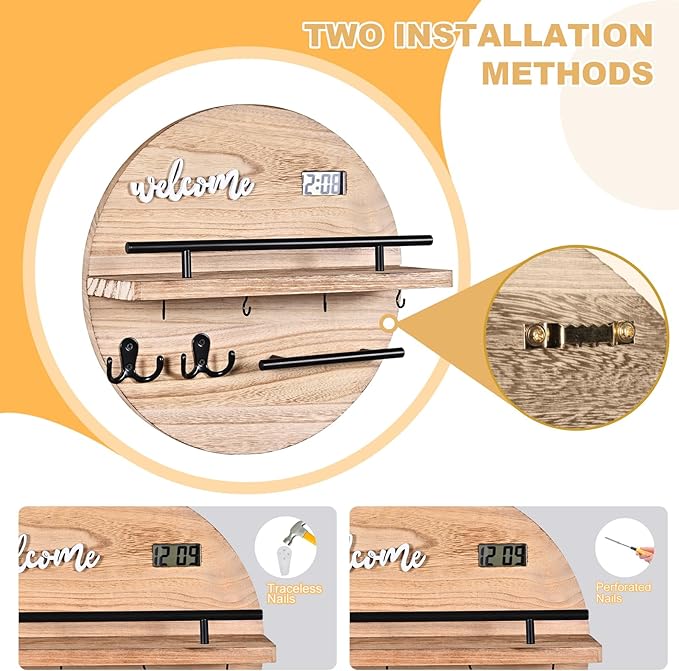 Key Holder for Wall Decorative, Key Hooks Wall Mounted with Shelf and Wooden Key Holder Round Key Hooks for Entryway Mudroom Hallway Kitchen Office (Wood)