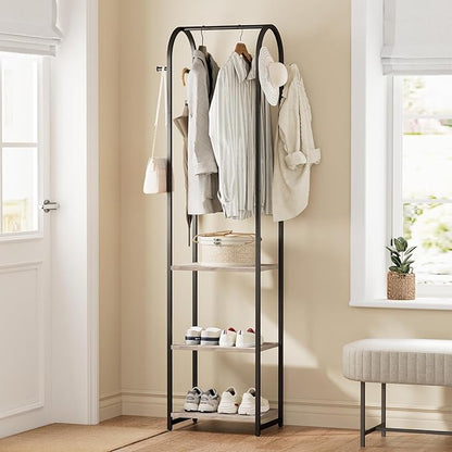 Garment Rack, Coat Rack With 3 Shelves and 4 Hooks, 71" H Clothes Stand For Hanging Clothes, Hanging Rod For for Bedroom, Hallway, Entryway, Office, Living Room, Greige and Black