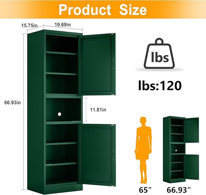 Ckzbx Tall Narrow Storage Cabinet 66.93" H Tall Bathroom Cabinet Metal Pantry Cabinets, 4 Adjustable Shelves for Kitchen, Home Office, Living Room, Dinning Room (20 inches Wide Green)