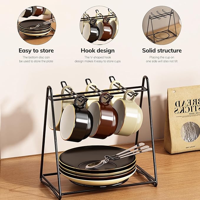 Tea Cups and Saucers Holder,Black Metal Coffee Cup Tea Cups Rack,Organizer for Coffee Cup Spoon and Saucers