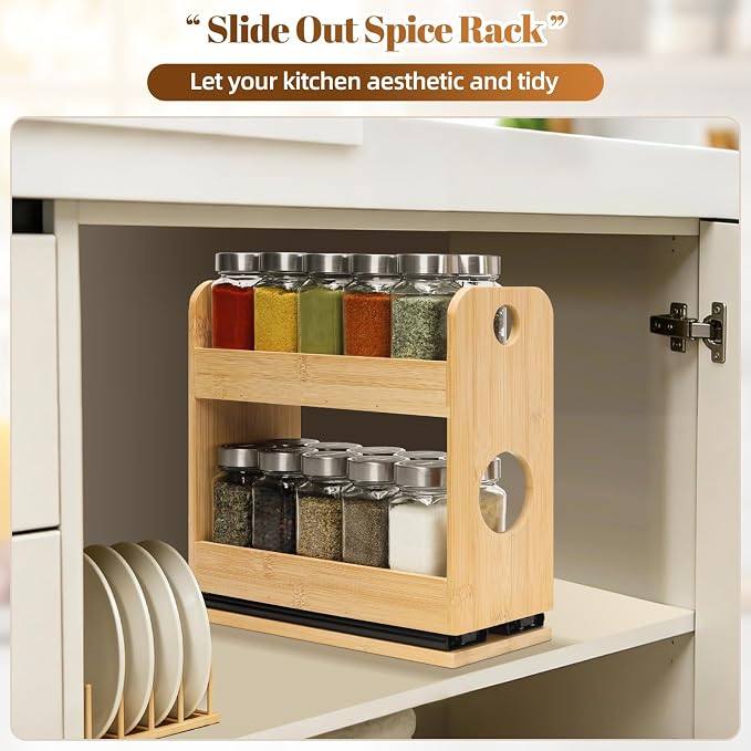 Tfro & Cile Pull Out Spice Rack Organizer for Cabinet 2-Tier Vertical Bamboo Slide Out Seasoning Organization for Kitchen Pantry