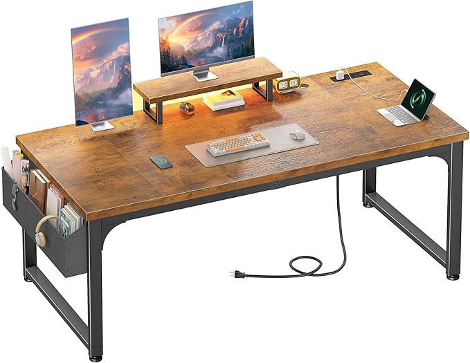 63 Inch Desk with Power Outlets, Computer Desk with 0.95 Inch Thicker Desktop & Storage Bag & Monitor Stand, Office Desk with Light, Writing Desk for Home Office,Study,Bedroom,Living, Brown